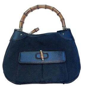 Gucci bamboo handle black monogram canvas bag size medium